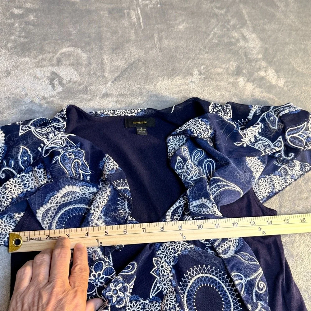 Espresso Navy Paisley Layered Blouse‎ Women's Small Asymmetrical Overlay Top